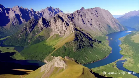 航拍视角，山川河流美景，超清画质[右移,左摇,跟随] by Hailuo AI Video Generator