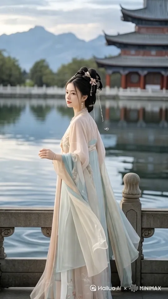 快速高空跟踪镜头移动，无人机视角，一个超现实的高速梦境序列相机紧密跟踪，相机从略高位置的俯视角度紧密跟踪从左后方向右后方移动，随着角色迅速穿越场景。环境是动态的，快速变化。美女像仙女一样飞向空中，轻松地在空中滑行，双臂向两侧伸展，头部向前捕捉平滑水平飞行的感觉。头发、衣服随风摇摆下面有古建筑和自然景观，运动模糊和光迹增强了速度感和流畅性。快速移动。 by Hailuo AI Video Generator