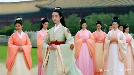大宋年间，一位秀女进宫参加选秀，周围一群莺莺燕燕的众多秀女。大家在一起嘻嘻哈哈打闹，镜头左退，右退，运镜前后左右来回走动，背景，巍峨壮观的宫殿外 by Hailuo AI Video Generator