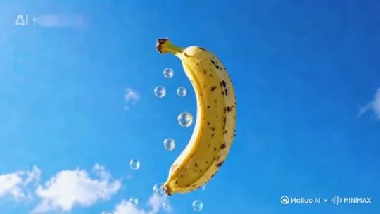 香蕉在天空飞翔，越来越近 by Hailuo AI Video Generator