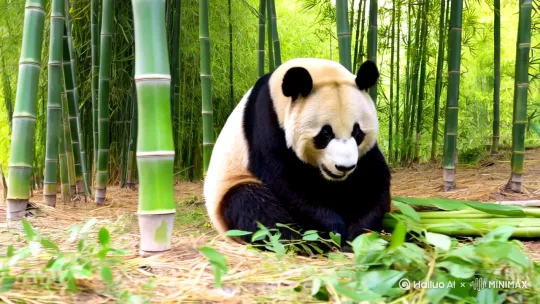 一只熊猫在家吃饭[右移,跟随] by Hailuo AI Video Generator