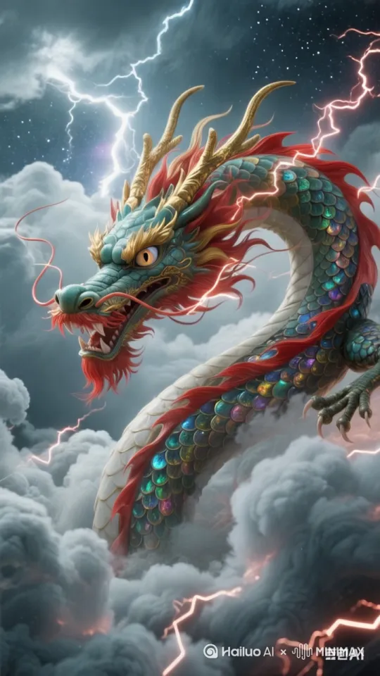 画面主体：中国神龙，红鬃飞扬，鳞片五彩且闪烁虹光，龙角金黄，眼神锐利威严，龙须朱红带电光特效。
场景环境：乌云密布的夜空，积雨云汹涌翻滚，闪电频繁划破天际，雷声轰鸣，电光与夜空星光交织，营造光影交错氛围 。
动作表现：神龙如在云海中翻江倒海，身姿矫健，身体流畅蜿蜒游动，动作自然丝滑，姿态优雅且充满力量感 。
画面效果：8K超高清画质，具备大气透视效果增强空间感，云层反射闪电光芒形成动态光影，渲染逼真，如虚幻引擎5制作效果 。  --ar 16:9 --niji 6 --style raw[右移,左摇,跟随] by Hailuo AI Video Generator