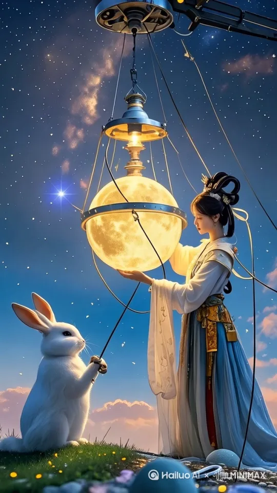 嫦娥正在维修月亮，月亮就像一个吊灯一闪一闪的好像要坏了一样 by Hailuo AI Video Generator