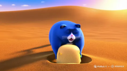 一个一个蓝色的胖猫在沙漠里挖着土，挖出了一个麦当劳汉堡，拿起来吃了一口，直接爆汁，突然旁边的土里面创出一个红色胖的日半猫，把麦当劳一把抢过扔掉，拿着自己的德克士吃 by Hailuo AI Video Generator