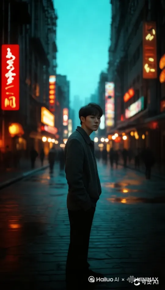 从远处缓慢推近,突出林宇在荒凉环境中的孤独感。拍摄景别为景,人物景别为中景,视角为平视,构图为中心构图,核心主体是站在城市街头的男人。情绪动作是男人微微低头,眼神空洞地看向地面,双手插兜。环境场景是城市建筑群上的各色霓虹灯,周围人来人往。艺术风格为复古港风,带有王家卫电影的朦胧感。氛围光线是昏暗的,有几缕霓虹灯的光线楼上从透过来,光影采用戏剧性明暗对比(伦勃朗光),边缘光勾勒人物轮廓。色彩基调:靛青(2d4654)与赭石(a86f4f)为主,辅以褪色金箔(c8a951)点缀。
技术参数:
8K分辨率,Cinema4D渲染器,Octane渲染引擎,32位色深,景深模糊强度0.7,动态范围HDR10+。 by Hailuo AI Video Generator
