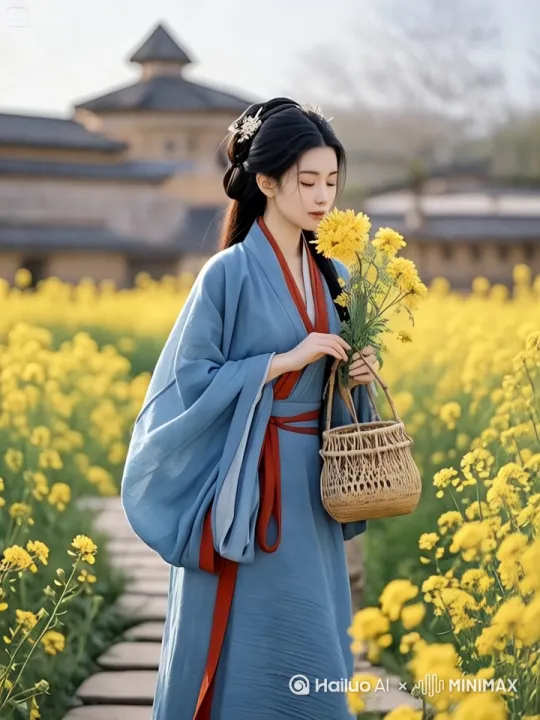春日，身着汉服的女子，手提竹篮，在金黄的花田间缓步前行，微风轻拂衣袂与发丝，她低头嗅着手中花朵，带着恬淡笑意，从画面一侧走向另一侧。 by Hailuo AI Video Generator