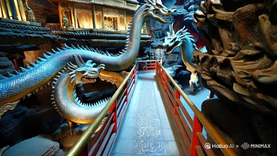在我的想象中缓缓铺展一幅大唐地下龙脉的雄浑画卷。踏入其间，只见一片金碧辉煌之景，雕梁画栋间尽显大唐盛世的豪迈气象与不凡气度。而那蜿蜒盘踞的巨龙雕塑，周身鳞片仿若被赋予生命，在幽暗中闪烁着冷冽光芒，龙须似乎正随着地底的微风轻轻颤动，每一处细节都精雕细琢，将龙的威严与灵动展现得淋漓尽致，栩栩如生、惟妙惟肖 ，让人不禁感叹这巧夺天工的技艺与无尽的想象力。[下降,上摇] by Hailuo AI Video Generator