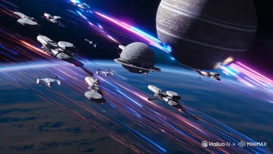 "Epic 20-second space battle, ultra HD 8K, cinematic lighting:[左移,推进,右摇]

Star destroyer fleet emerging from wormhole with energy trails,[右移,左摇,跟随]

POV dogfight between TIE fighters and X-wings with plasma lasers,[左移,上升]

Death Star superlaser charging with prism effect,[右摇,变焦推进]

Planetary surface view of orbital explosions creating shockwaves,[左移,跟随]

Blue lightsaber rising from debris with lens flare,[下降,上摇]

Final zoom out to galaxy panorama.[右摇,变焦推进]
Unreal Engine 5 rendering, Hans Zimmer style soundtrack, Dolby Atmos sound effects."[左移,上升] by Hailuo AI Video Generator