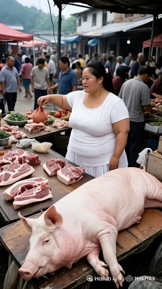 “案板上的猪突然复活飞快起身，冲[右移,左摇,跟随]进市场里熙熙攘攘的人群。穿白色衣服卖肉的女人惊恐万分，发出尖锐的叫声，周围人群露出震惊和慌乱的神情。生成一段生动、动态的视频场景，捕捉这一瞬间的混乱与突发性。[右移,左摇,跟随] by Hailuo AI Video Generator