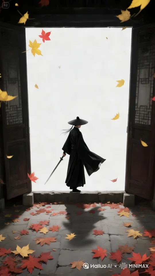 中世纪奇幻风格的高清视频片段，一位神秘剑客身着黑色斗篷与宽檐帽，静立于一扇古老木门前，门上斑驳的红色痕迹暗示着不久前的激烈战斗。剑客手持闪亮长剑，背对镜头，仿佛正聆听门外的动静。秋风轻拂，红黄交织的落叶随风飘舞，铺满地面。温暖的阳光斜射入室，照亮每一片落叶，营造出一种宁静而紧张的氛围。剑客的姿态透露出他的警觉与沉着，准备随时应对未知的挑战。画面采用8K超高清分辨率，捕捉每一个细腻光影变化，流畅的动态效果带来沉浸式观影体验，宛如一部精心雕琢的视觉杰作。中景，逆光剪影效果，微风动态，全局流畅。 by Hailuo AI Video Generator