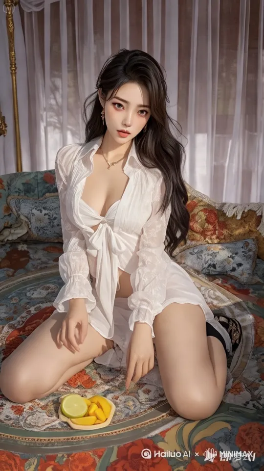 温馨的室内场景，女主拿起面前地上的橘子递向镜头，眼神温柔直视观众，背景虚化的窗外透进暖阳，生活感实拍风格，4K画质呈现橘子果粒的晶莹纹理，浅景深突出人物递食物的手部动作，镜头模拟观众视角微微晃动增加临场感。[推进,上升] by Hailuo AI Video Generator