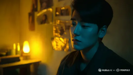 镜头固定，聚焦男人的面部表情。拍摄景别为中景，人物景别为近景，视角为微仰视，构图为左三分构图，核心主体是男人的面部特写。情绪动作是男人微微皱眉，眼神中透露出一丝回忆和伤感。环境场景是一个昏暗的房间，墙上挂着一些老旧的照片，照片已经模糊不清。艺术风格为复古港风，画面带有颗粒感。氛围光线是暖黄色的灯光，从房间角落的台灯发出，光线柔和。色调靛青（2d4654）与暖黄色为主，辅以褪色金箔（c8a951）点缀 by Hailuo AI Video Generator