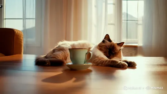 一只布偶猫在茶杯旁睡觉，猫咪睡梦中抖动猫爪，茶杯放在北欧客厅中，正面镜头，镜头推进，写实风格，温暖的氛围，清晨的阳光 by Hailuo AI Video Generator