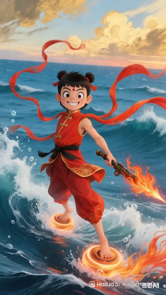 海浪滚滚，哪吒脚踩风火轮在海上飞行，嘴里唱着小哪吒 by Hailuo AI Video Generator