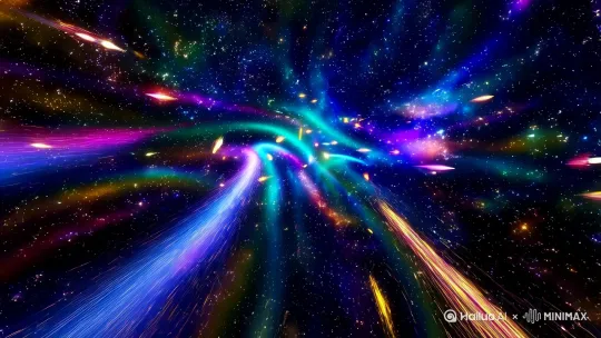 梦见量子星空超高清视频，光朿流也在扭曲摆动，不同方位流星一闪而过，星体色彩斑斓演变丰富，视频中变化速度快、万物都在变化运动，镜头快速推进 by Hailuo AI Video Generator