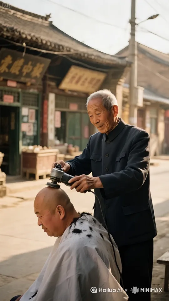 理发师露出诡异的笑容，火星飞溅疼顾客直伸舌头[右移,左摇,跟随] by Hailuo AI Video Generator