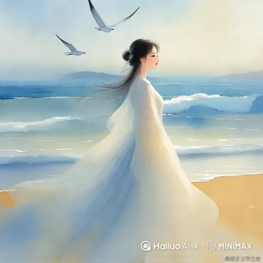 海滩上，美女慢慢的往前走，海浪拍打着沙滩，海鸥不时的绕着美女飞，海里的游轮慢慢远去 by Hailuo AI Video Generator