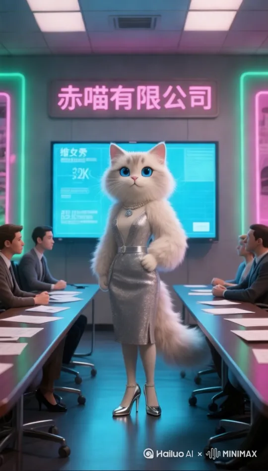 拟人猫转过身，拿过一份文件，对着电子屏走过去，模特步。[右移,左摇,跟随] by Hailuo AI Video Generator