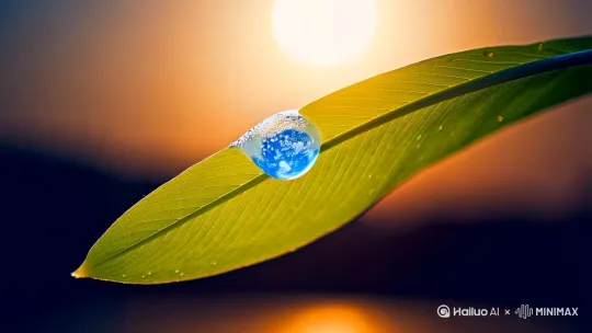 镜头1 自然科技融合**
- 主视觉：微距何首乌叶片特写/晨曦逆光/露珠慢速滑落轨迹
- 特效需求：露珠内部嵌入流动的蓝色数据粒子（AI算法可视化）
- 文字提示：叠加半透明楷体字幕「当AI遇见中原何首乌」
- 声音提示：水滴声+科技感音效渐入 by Hailuo AI Video Generator