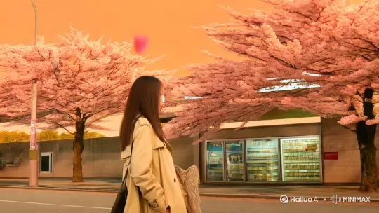 （全景）暖橙色的夕阳把整条街染成蜂蜜色，樱花树的枝桠在风里轻轻摇晃，粉白的花瓣簌簌落在柏油路上。穿米色风衣的女生逆着光走来，长发被风吹得扬起又落下，围巾尾梢掠过她的手腕。

（中景）她忽然停下脚步，目光被路边盛放的樱花吸引。便利店的玻璃映出她的侧脸——睫毛在眼下投出蝶翼般的阴影，唇角微微抿着，像是在回忆什么。右手无意识地摸向口袋，掏出半支融化过又冻硬的草莓冰淇淋，包装纸边缘还沾着细小的糖粒。

（特写）一片花瓣落在她的肩头，她抬手去接，指尖触到花瓣薄如蝉翼的纹路。冰淇淋滴下一滴红色的酱汁，在风衣下摆晕开一个浅粉的点，她却浑然不觉，只是盯着掌心里卷曲的花瓣，指尖轻轻摩挲它半透明的边缘。

（镜头缓移）远处传来放学孩子们的笑闹声，便利店的自动门“叮”地打开，飘出烤饭团的香气。女生忽然回过神，低头看着融化的冰淇淋轻笑一声，从帆布包里翻出纸巾擦拭衣襟，指尖捏住那片花瓣，小心翼翼地夹进了随身带着的旧笔记本里。

（远景）她继续向前走，风衣口袋里的笔记本露出一角，封皮上贴着褪色的樱花贴纸。夕阳把她的影子拉得老长，偶尔有花瓣落在她发间，像春天随手别上的发卡。街角的信号灯由红转绿，她的身影渐渐融入归家的人潮，只留下几片花瓣在风里打转，追着她的脚步轻轻摇晃。 by Hailuo AI Video Generator