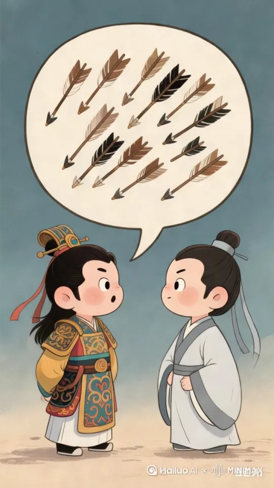 周瑜要求诸葛亮拿到十万支箭。图中箭不断旋转，左边的人说，右边的人点头 by Hailuo AI Video Generator
