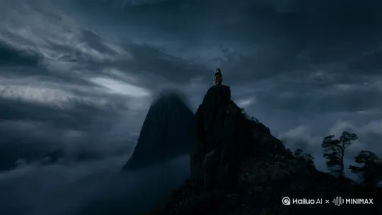 远景仰角镜头，泰山绝顶巍峨的黑色剪影矗立于画面中央，山顶站立着一位少年，身着兽皮衣袍，人物轮廓仅占画面1/5。突如其来的闪电从乌云中迸发，刹那间照亮少年飘动的兽皮衣摆，勾勒出其英武的侧脸轮廓。画面大部分被厚重压抑的乌云所占据，层层翻滚的云层呈现出强烈的立体感和压迫感，仿佛天神俯视凡间。强劲的山风呼啸而过，少年的发丝与兽皮衣袍呈现动态模糊效果，飘扬于风中，增添画面动感。采用低饱和度冷色调，闪电瞬间的强光与黑暗形成戏剧性对比，营造史诗般的氛围。电影级渲染，8K超高清画质，强调光影层次和空间感，表现人与自然的壮阔对比 by Hailuo AI Video Generator