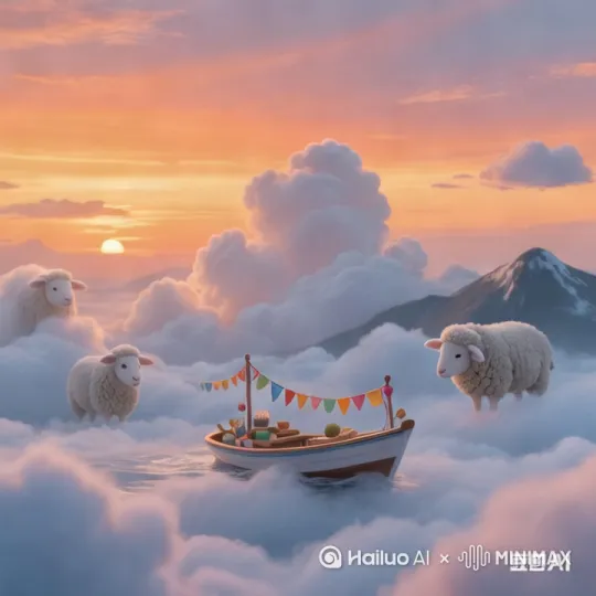海悠悠，似海无垠”，小船“轻舟浮于云浪间，彩旗摇曳风轻伴”。绵羊部分“白羊似玉立云端，静影悠然意自闲[左移,推进,右摇] by Hailuo AI Video Generator