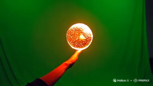 绿幕背景生成下生成：食指尖上悬托着一团火球，在食指的引导下随意移动！火球光焰在移动时随风摇曳！[推出,上升,下摇] by Hailuo AI Video Generator