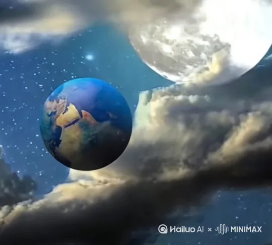 把这幅图做成地球和月亮互相旋转的动态视频 by Hailuo AI Video Generator