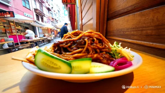 南锣鼓巷
炸酱面:南锣鼓巷里有几家老字号餐馆,提供地道的北京炸酱面。浓郁的酱汁搭配劲道的面条,再加上黄瓜、豆芽等配菜,绝对让你回味无穷。
糖葫芦:作为北京的传统小吃,糖葫芦酸甜可口,是逛街时的绝佳零食。 by Hailuo AI Video Generator