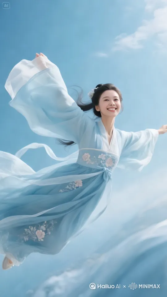 图中仙女向镜头俯冲一圈，图像要求4K高清不变形[左移,上升] by Hailuo AI Video Generator
