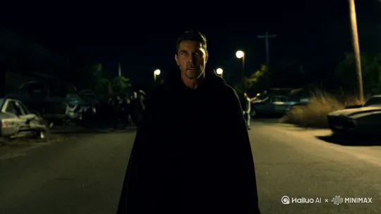夜，穿黑色披风的男人看着马路上的丧尸说道，这一刻我等了很久了，男人上前和马路上的丧尸打架 by Hailuo AI Video Generator