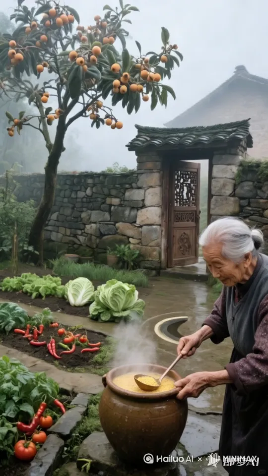 老奶奶在锅里慢慢的翻动着热气腾腾的粥， by Hailuo AI Video Generator