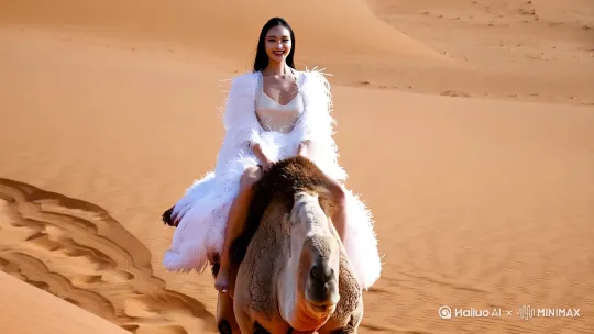 身穿白色羽毛连衣裙白色皮肤的亚洲苗条标准面条身材的绝美容颜的美女骑着灰色骆驼在茫茫沙漠中愉快骑马[右摇,变焦推进] by Hailuo AI Video Generator