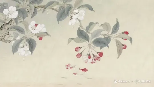 宋代工笔画风格，树晃动，雨丝飘落，花瓣随风飘散 by Hailuo AI Video Generator