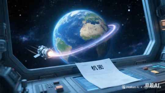 0:00-0:05：镜头从宇宙全景推进到地球特写  
- 0:05-0:08：卫星掠过地球时，镜头跟随其移动轨迹  
- 0:08-0:10：机密文件立方体放大至画面中心（伴随蓝色光波扩散特效） by Hailuo AI Video Generator