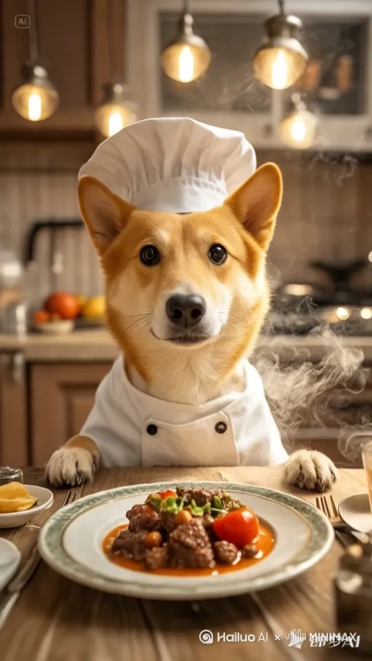 狗狗低下头，吃着碗里的牛肉 by Hailuo AI Video Generator