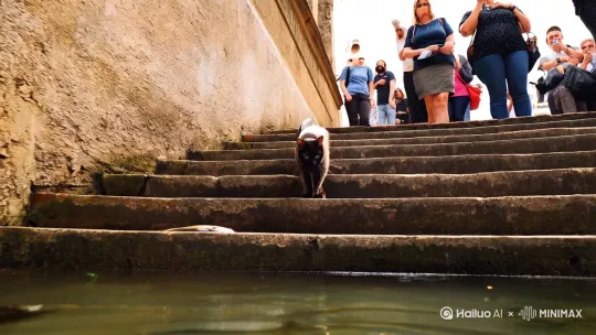 一只猫正在捕捉水中的鱼，猫站在台阶上，身体向前倾，抓住水中的鱼到台阶上，背景是一堵墙和一些台阶，游客正在围观猫咪捕鱼，全场屏息以待 by Hailuo AI Video Generator