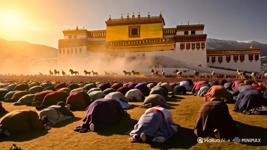朝拜场景（动态画面）**  
**镜头描述：**  
晨曦微亮，布达拉宫的金顶染上第一缕阳光。广场上，成千上万的信众如潮水般起伏，五体投地，长身叩拜。他们的身影在晨雾中若隐若现，藏袍摩擦地面的沙沙声与呢喃的诵经声交织。风马旗猎猎翻飞，经幡在风中舞动，仿佛神灵的低语。镜头缓缓升高，俯瞰这虔诚的海洋，信仰的力量在雪域高原上流淌。### **3. 动态画面制作描述（适配海螺AI/即梦AI）**  
**关键词提示：**  
- **场景风格**：史诗感宗教氛围，藏地光影，低饱和暖金色调  
- **运镜方式**：慢推+环绕镜头+大范围延时（朝拜人潮）  
- **细节特效**：经幡粒子飘散、酥油灯动态光晕、诵经声波可视化  
- **AI适配指令**：  
  - **海螺AI**：`/寺庙诵经 喇嘛特写 低角度光影 藏传佛教风格 4K超写实`  
  - **即梦AI**：`史诗级朝圣场景，万人长头跪拜，风沙粒子，电影感广角，宗教神圣感` by Hailuo AI Video Generator