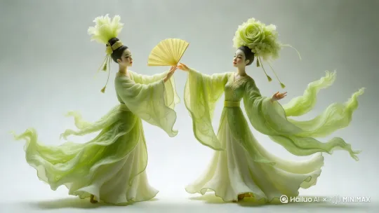 人物翩翩起舞，衣襟跟随飘扬，折扇自然扇动 by Hailuo AI Video Generator