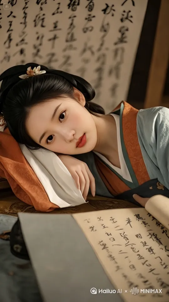 延续图片场景,以这位身着传统汉服的女子为核心,镜头从近景缓慢拉远,展现她所处的古雅书房全貌,包括更多书法作品、文房四宝等陈设。接着,女子轻轻起身,手持古卷,缓步走向窗边,阳光洒在她身上,衣袂飘动。期间,通过光影变化和轻微的动态模糊效果,营造出柔和且富有诗意的氛围,展现古代文人的闲适生活 。 by Hailuo AI Video Generator