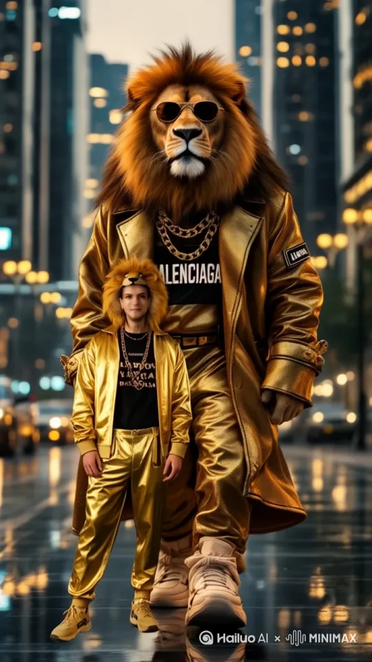 Video creation, based on this picture, Range of motion is 5,far,The requirement is “A man walking with giant lion smooth, steady steps and naturally synchronized head, hand and leg movements, showing balanced and realistic motion.” Don’t change face and don’t blur face by Hailuo AI Video Generator