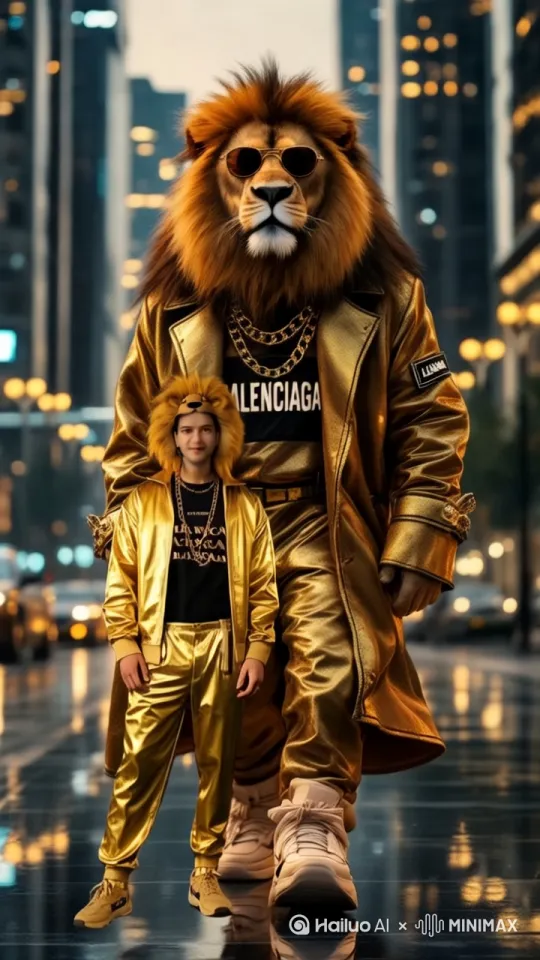 Video creation, based on this picture, Range of motion is 5,far,The requirement is “A man walking with giant lion smooth, steady steps and naturally synchronized head, hand and leg movements, showing balanced and realistic motion.” Don’t change face and don’t blur face by Hailuo AI Video Generator