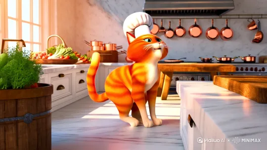 一只橘猫在厨房炒菜 by Hailuo AI Video Generator