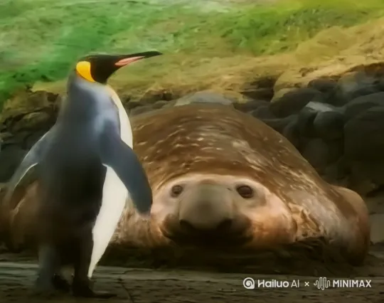 象海豹往前爬行一段距离，企鹅大叫[推出,上升,下摇] by Hailuo AI Video Generator
