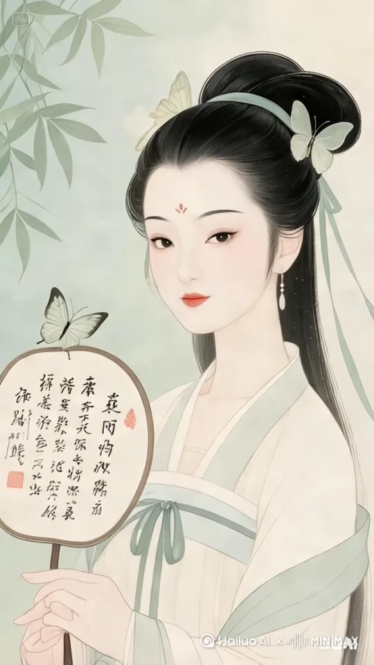 "Ancient Chinese beauty, elegant Hanfu, holding oil-paper umbrella, standing by lakeside, soft lighting, realistic skin texture, ZHAO LIYING face reference"`  
  - 动作指令：`"Turn head slowly, smile faintly, open umbrella into fan with poem title '饮湖上初晴后雨' written in比例9：16 by Hailuo AI Video Generator