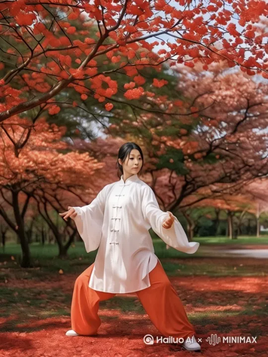 帮我生成一个视频：在樱花雨中打太极，倒卷肱：后退步时一手后撤、一手前推，左右交替。[左摇,变焦推进]花雨飘飘下落，地上的花瓣随动作在飘动。比例 3:4。 by Hailuo AI Video Generator