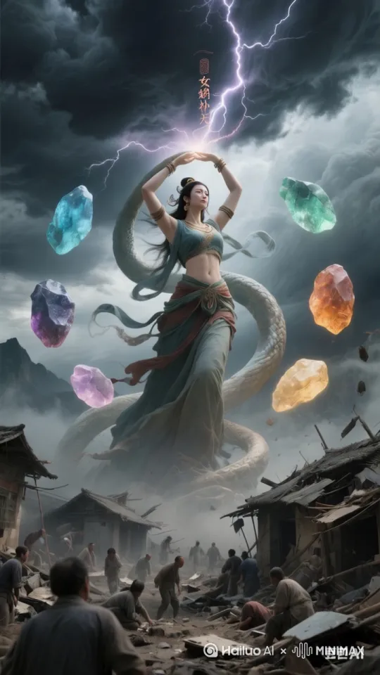 让图片中女娲，把七彩石一块一块的补到天空的窟窿里。 by Hailuo AI Video Generator