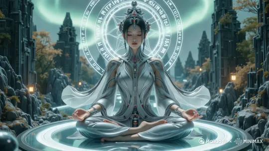 女子背后白色光轮自然转动，衣袖随风舞动，镜头后移，随后女子背后出现一把白金色通体缠绕着闪电的细长宝剑。 by Hailuo AI Video Generator