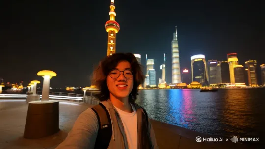请你画一张极其平凡无奇的iPhone自拍照，没有明确的主体或构图感--就像是随手一拍的快照。照片略带运动模糊，阳光或店内灯光不均导致轻微曝光过度。角度尴尬、构图混乱，整体呈现出一种刻意的平庸感-就像是从口袋里拿手机时不小心拍到的一张自拍。 晚上，旁边是上海东方明珠，在上海的黄浦江旁边 by Hailuo AI Video Generator